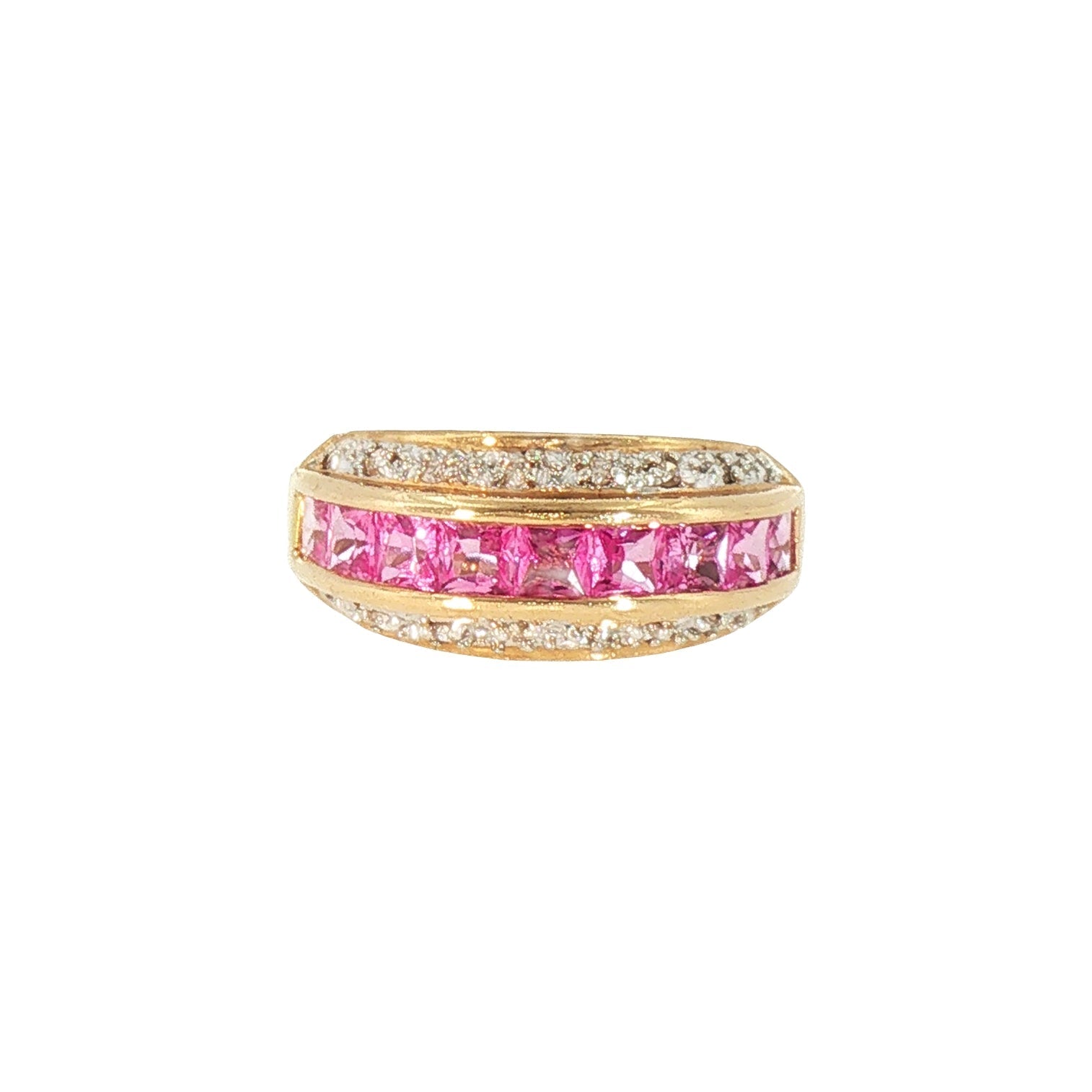 Anillo con Zafiros Rosas y Diamantes en Oro Amarillo 14K