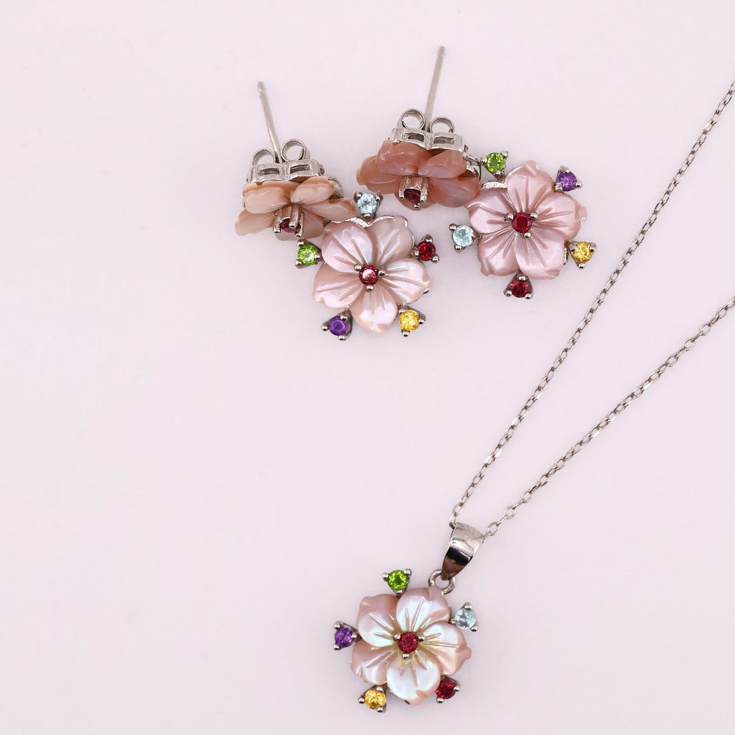 Conjunto de collar y aretes con Madreperla, Amatistas, Rodolitas, Saborita y Citrinas en Plata .925