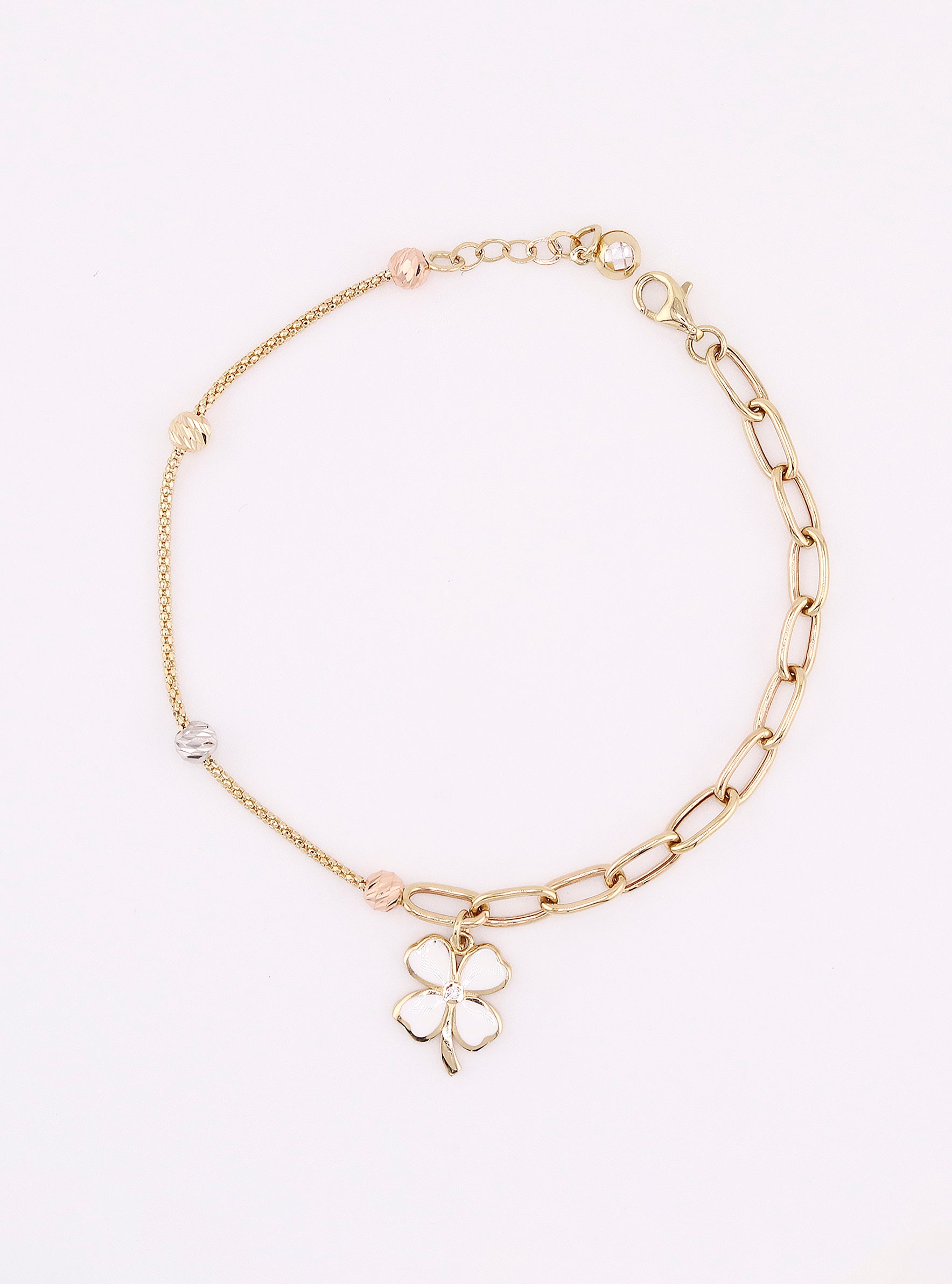 Pulsera de Oro Trébol con Borlas de 14K