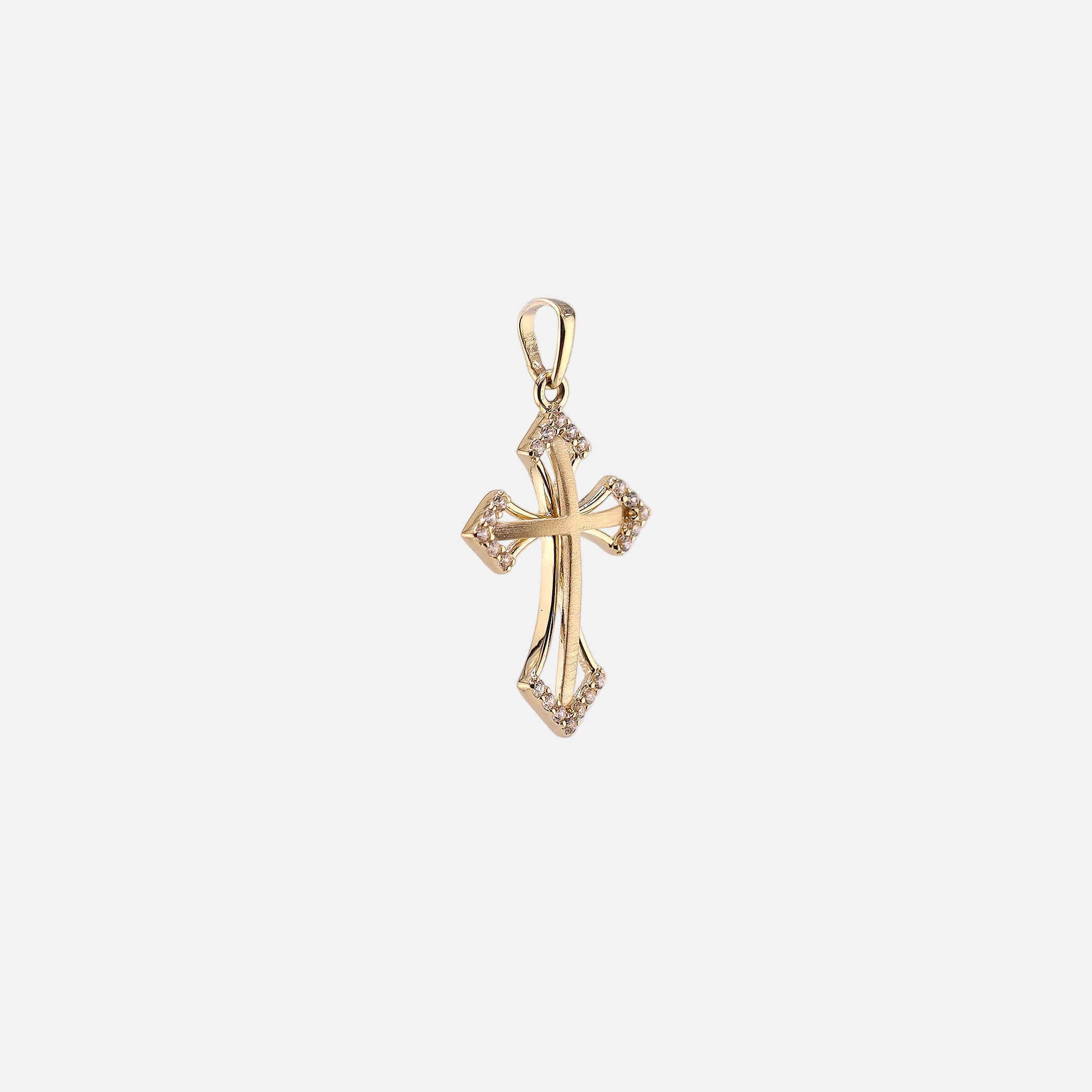 Dije Cruz con Piedra Blanca en Oro de 14K