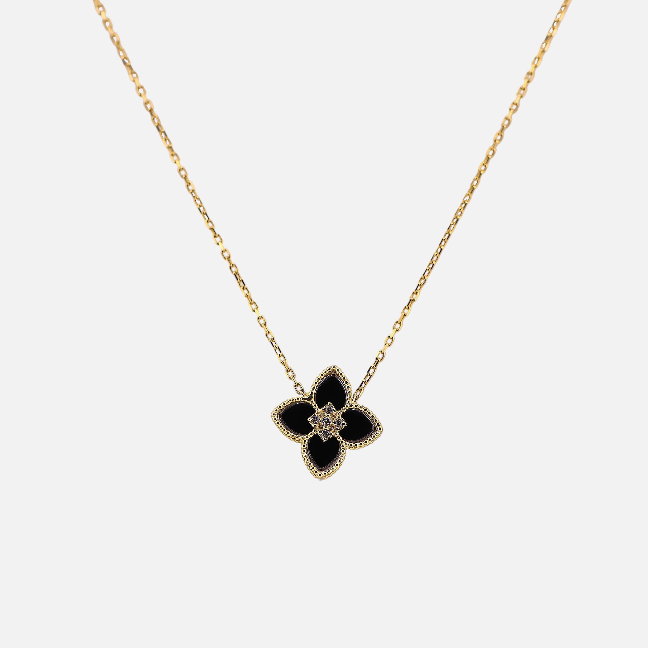 Gargantilla Flor con Piedra Negra en Oro de 14K