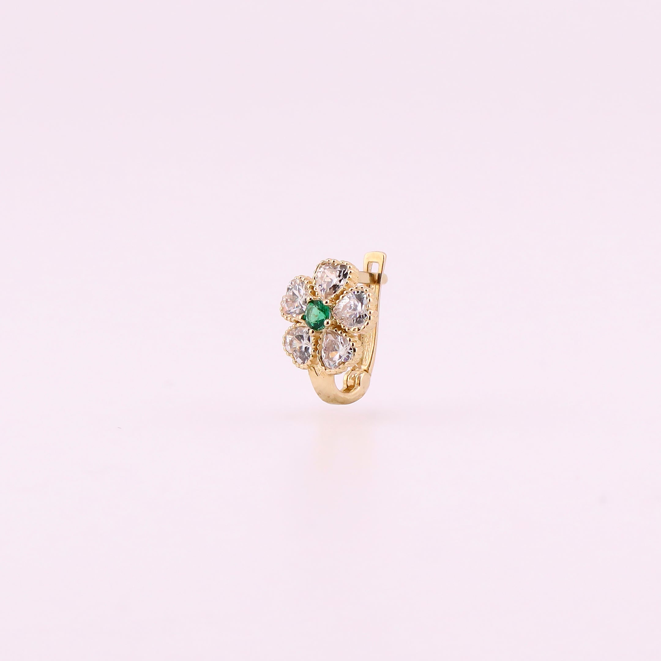 Aretes Huggies Flor Zirconia Verde en Oro de 14K