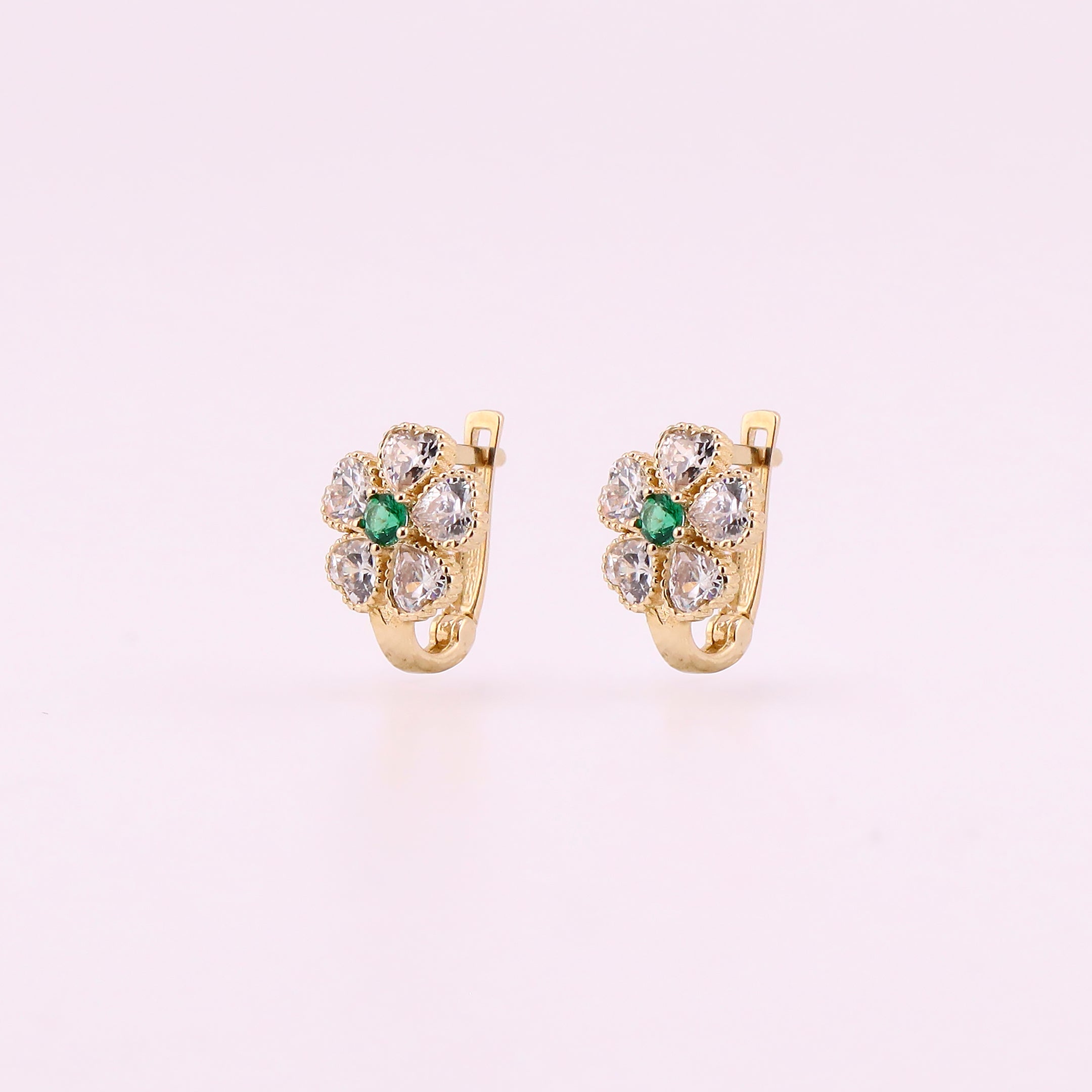 Aretes Huggies Flor Zirconia Verde en Oro de 14K