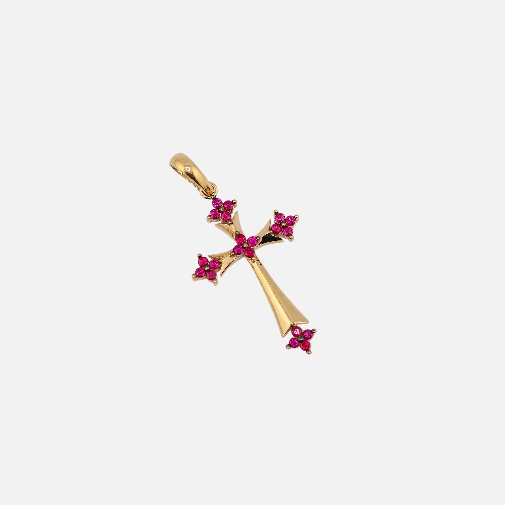Dije Cruz con Piedra Rosa en Oro de 14K