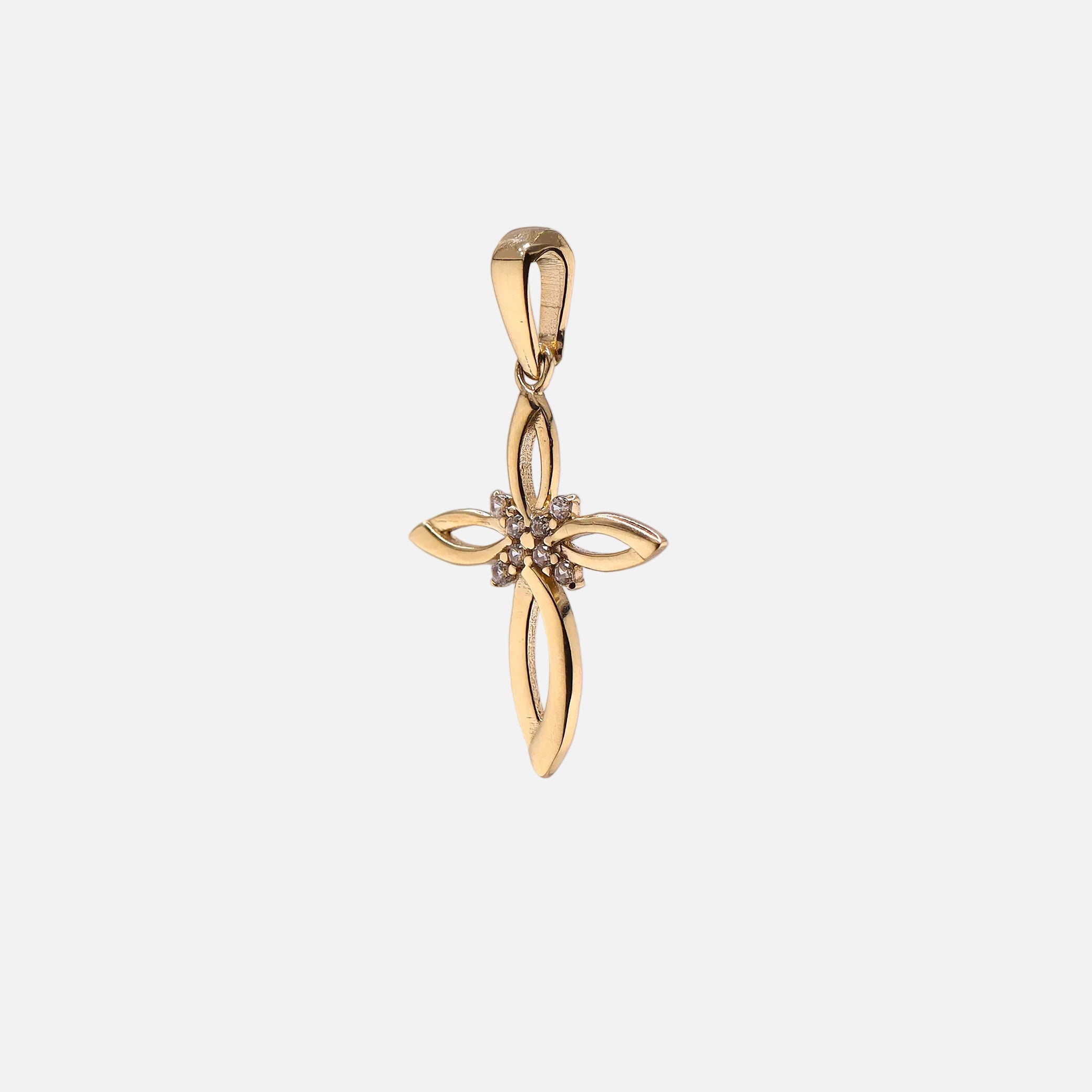 Dije Cruz con Piedras Blancas en Oro de 14K