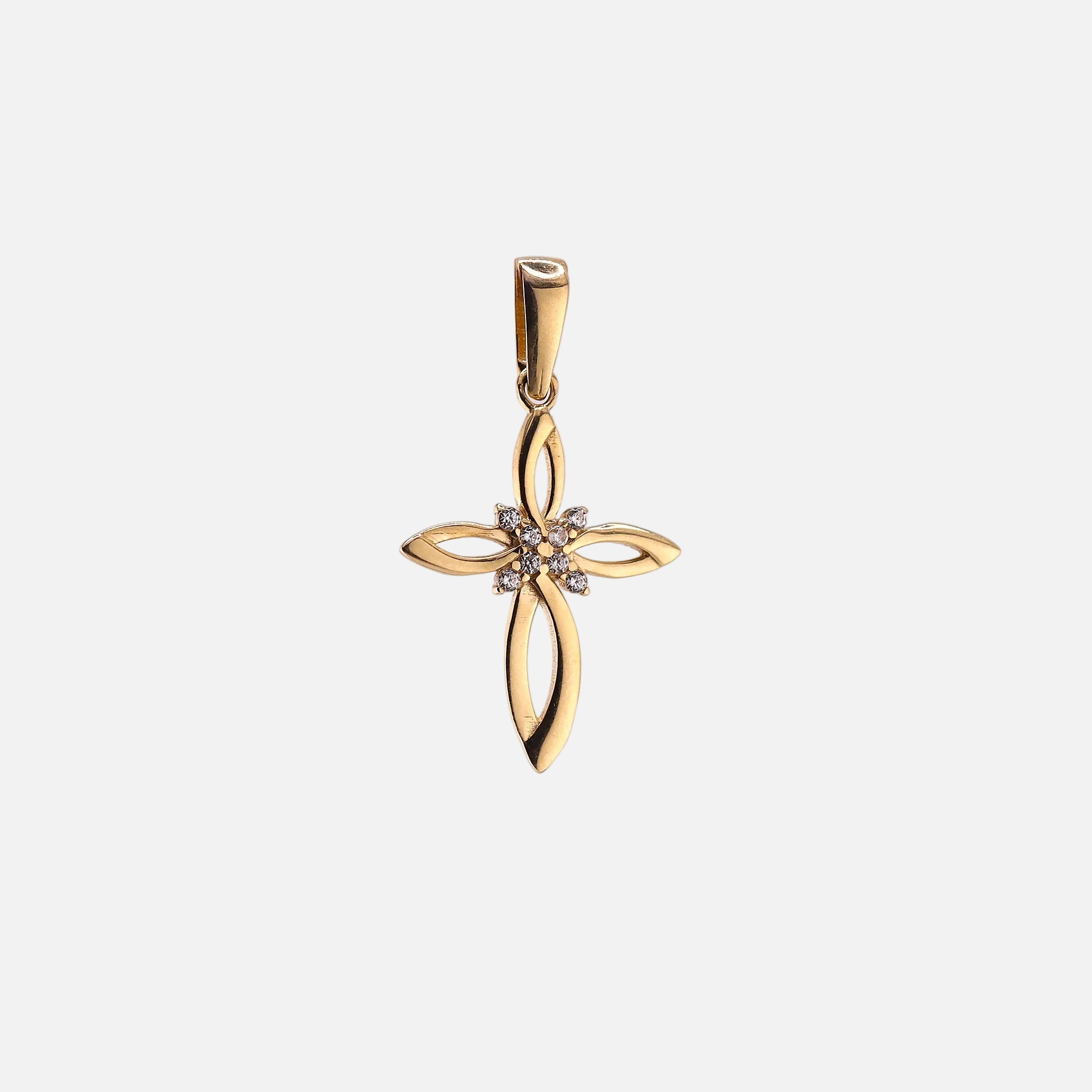 Dije Cruz con Piedras Blancas en Oro de 14K