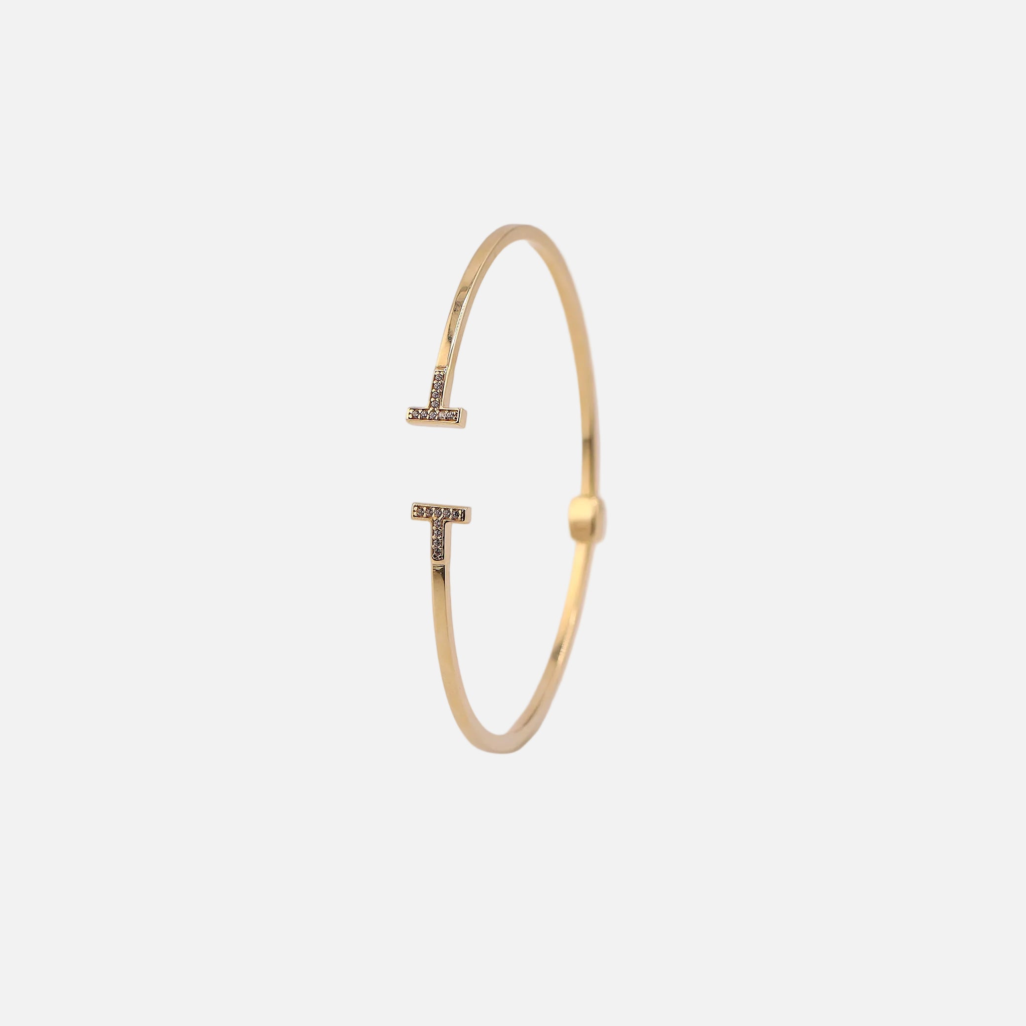 Brazalete T Clásico con Piedras Blancas en Oro de 14K