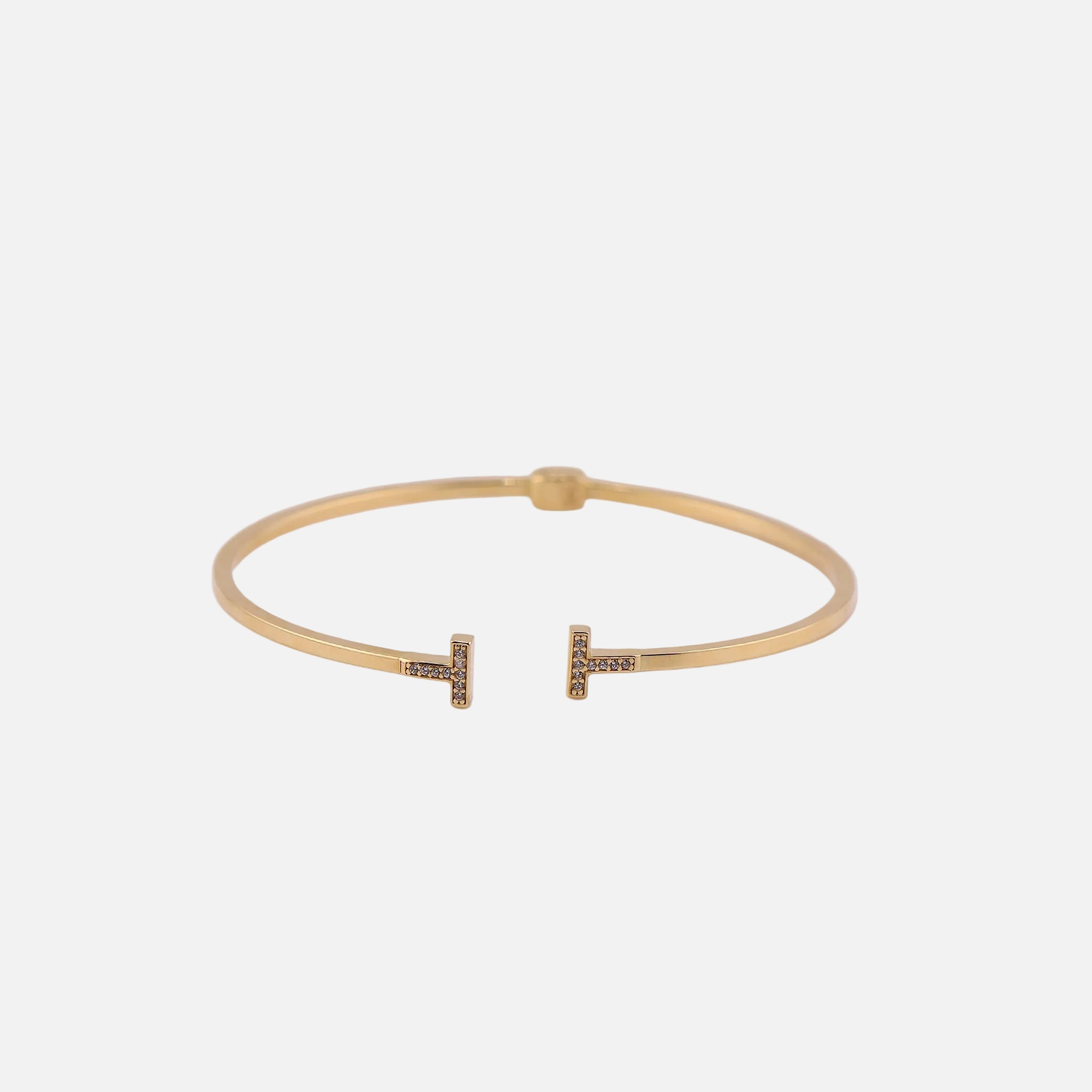 Brazalete T Clásico con Piedras Blancas en Oro de 14K