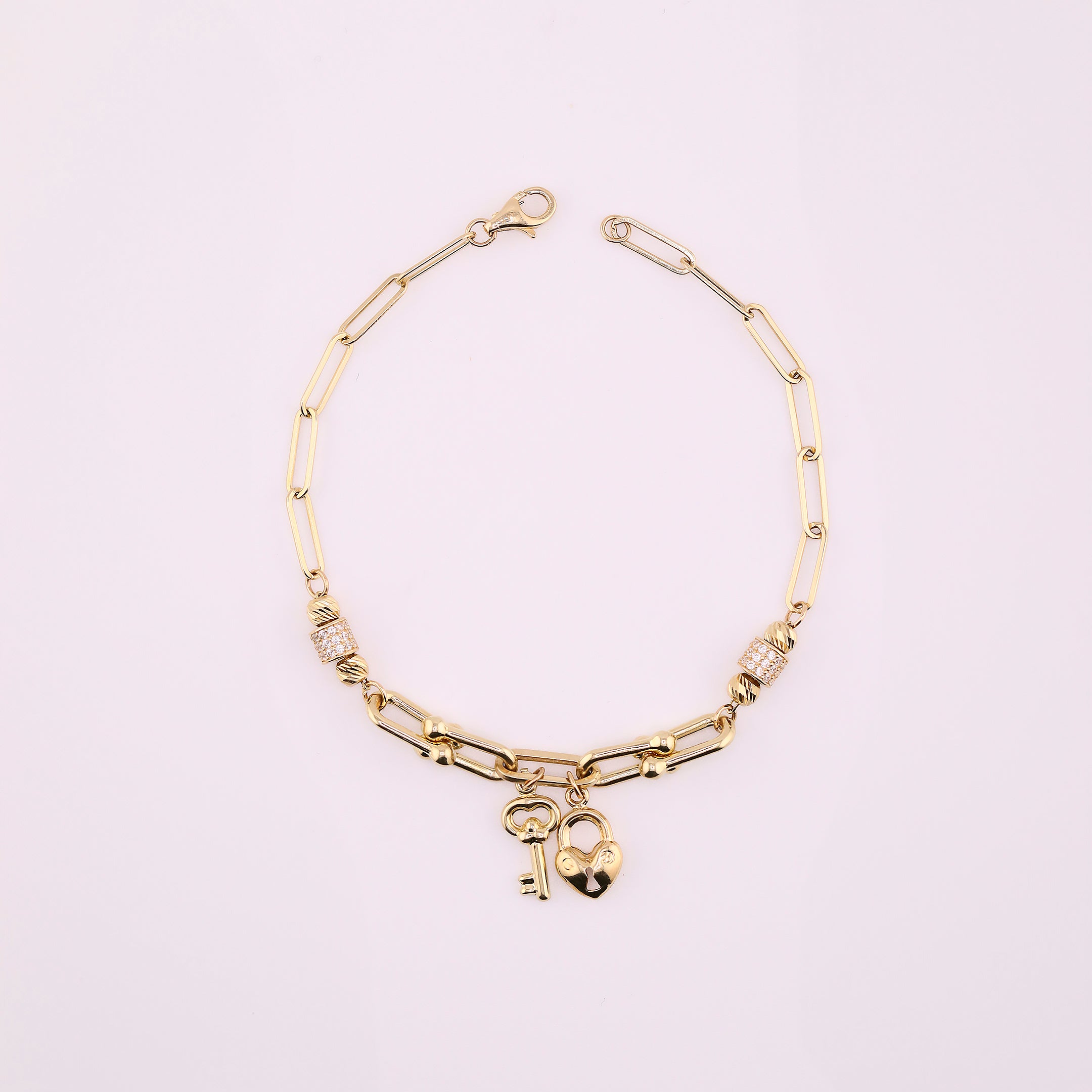 Pulsera Colgantes Llave y Corazón en Oro de 14K