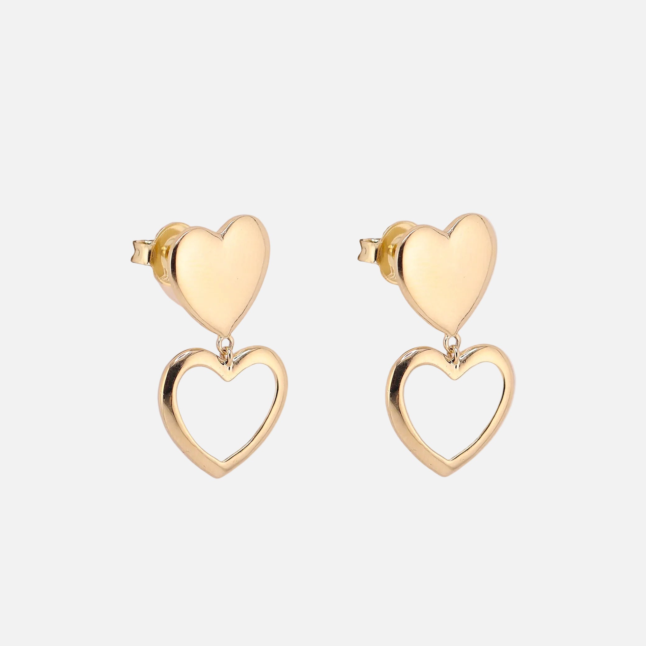 Aretes Doble Corazón Colgante en Oro de 10K