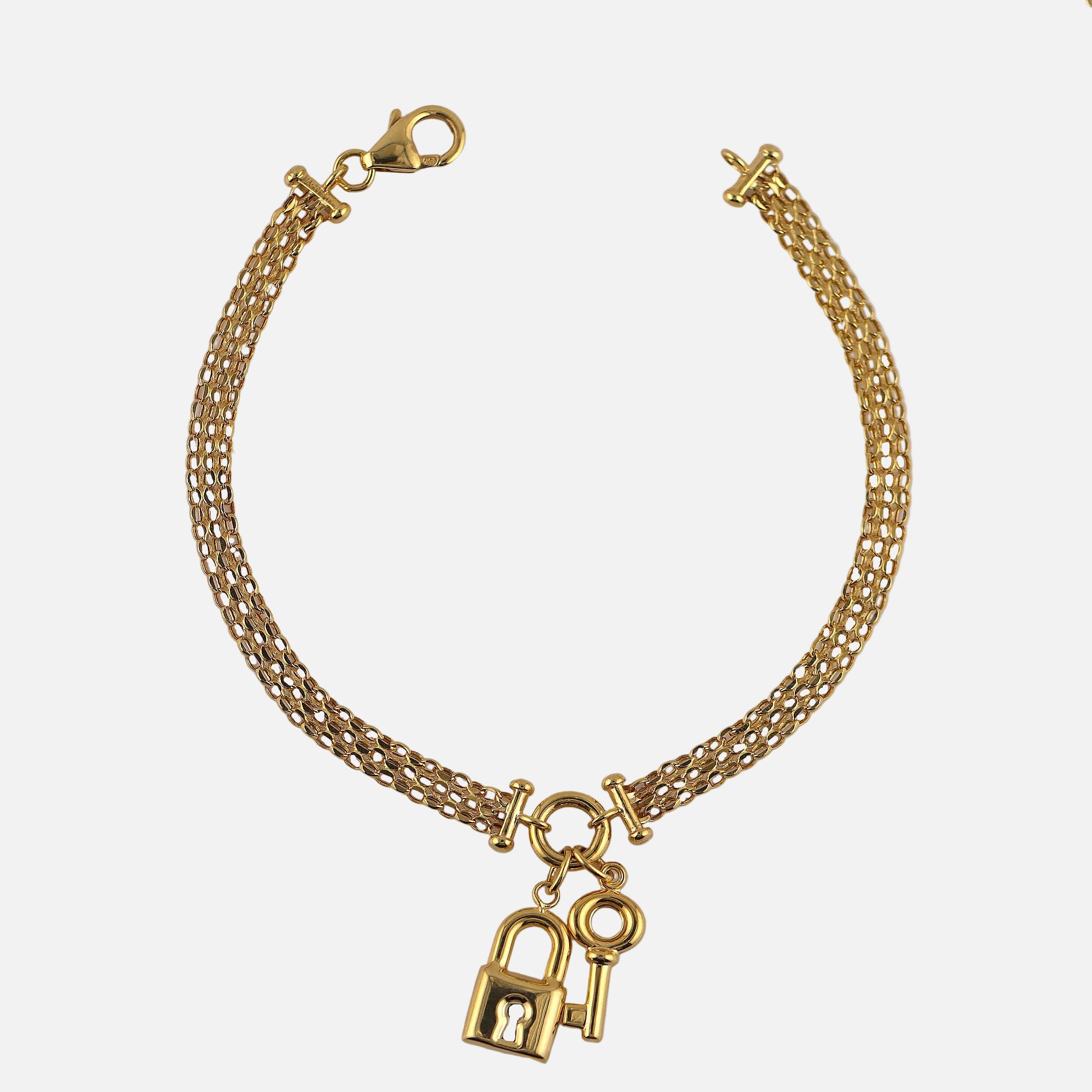 Pulso Tejido Chino Dije Llave/Candado en Oro de 14K