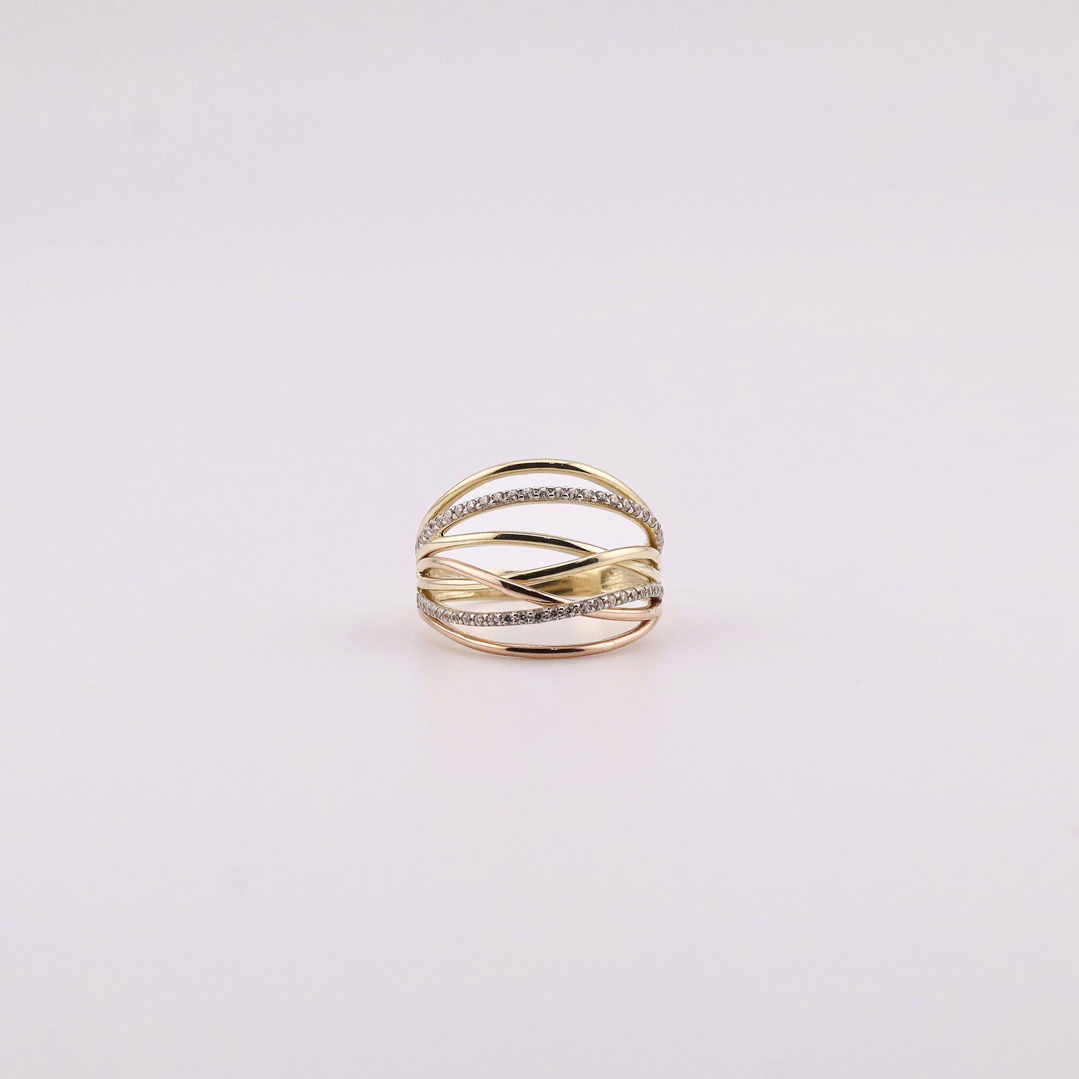 Anillo de Oro Olas con Piedras Blancas de 10K