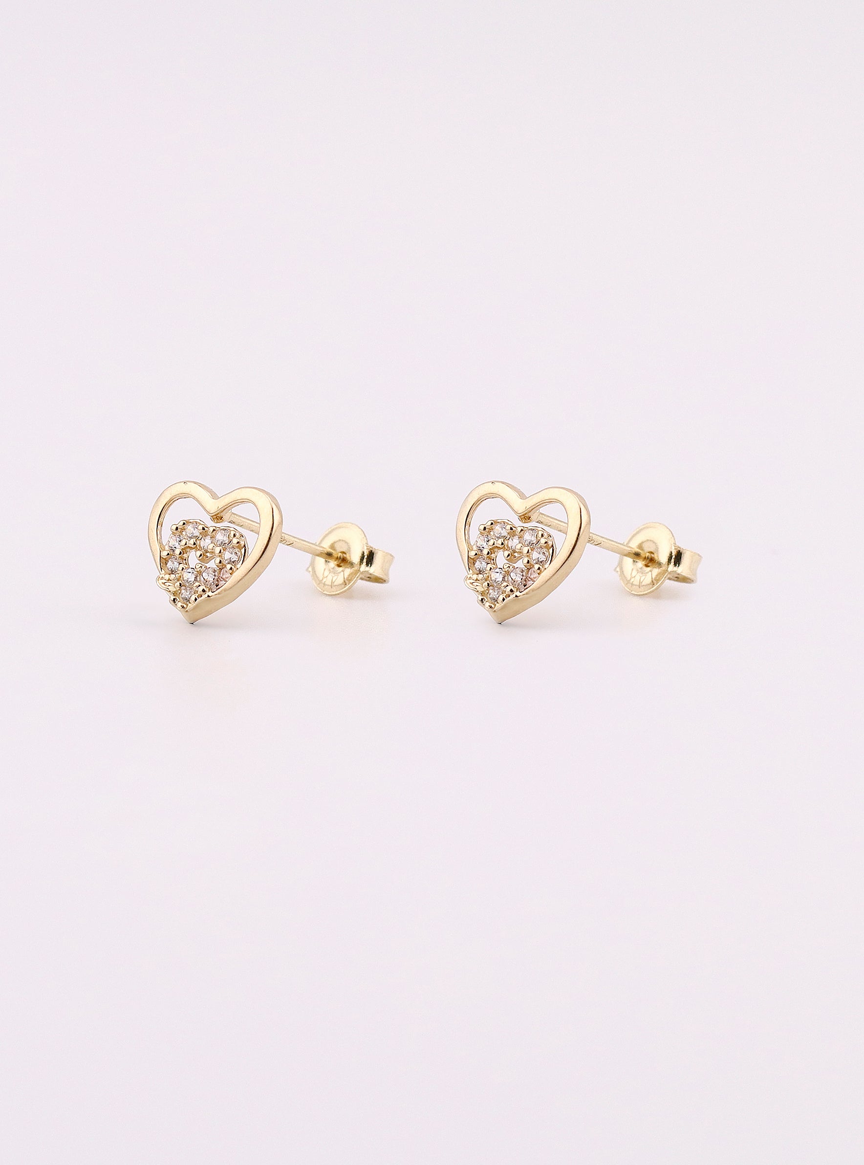 Aretes de Oro Doble Corazón con Piedras Blancas de 14K