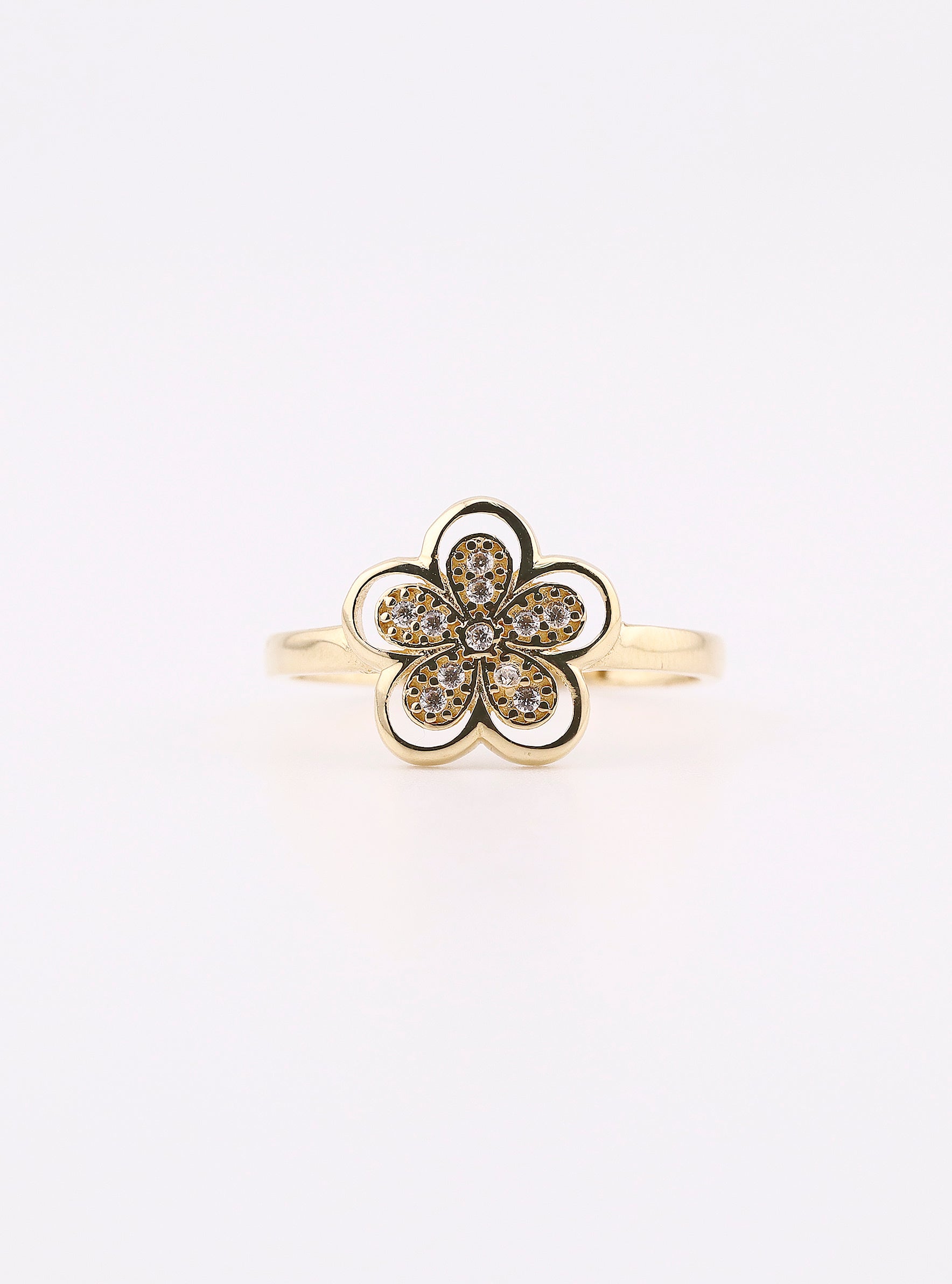 Anillo de Oro Flor con Piedras Blancas de 14K