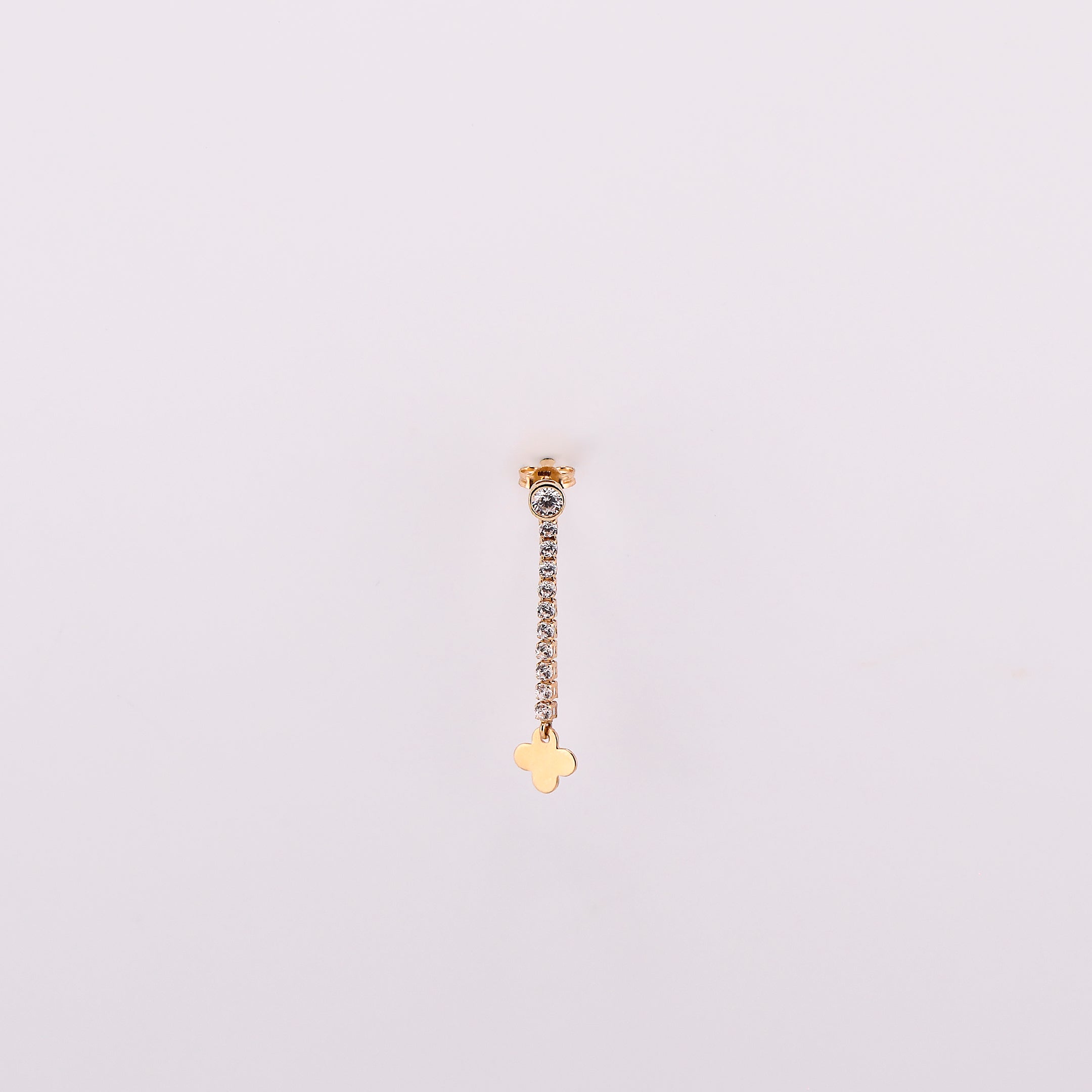 Aretes Largos Flor C/Piedra Blanca en Oro de 14K