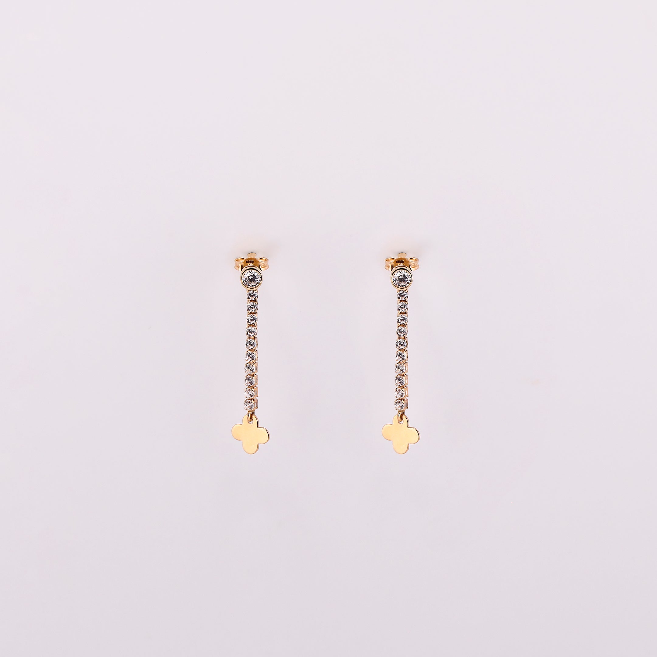 Aretes Largos Flor C/Piedra Blanca en Oro de 14K